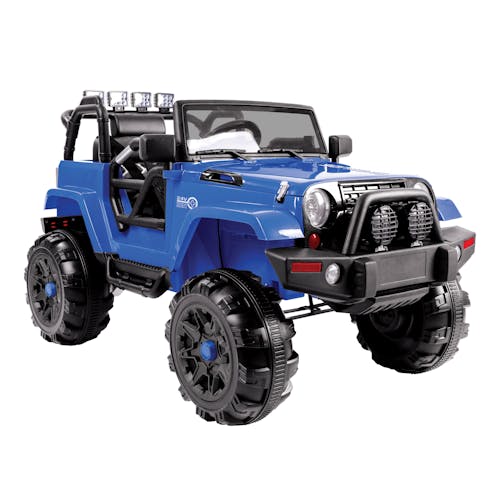 Angled view of the Snow Joe 24-Volt Ride On Kids Truck in a bright blue color.