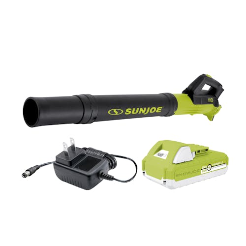 Sun Joe 24-volt cordless turbine leaf blower with a 2.5-Ah lithium-ion battery and charger.