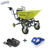 Sun Joe 24-Volt Cordless Self-Propelled Wheelbarrow plus a 4.0-Ah lithium-ion battery and quick charger.