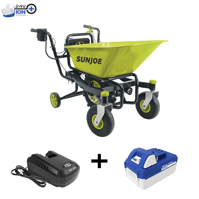 Sun Joe 24-Volt Cordless Self-Propelled Wheelbarrow plus a 4.0-Ah lithium-ion battery and quick charger.