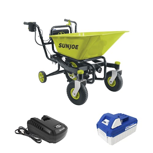 Sun Joe 24-Volt Cordless Self-Propelled Wheelbarrow with a 4.0-Ah lithium-ion battery and quick charger.