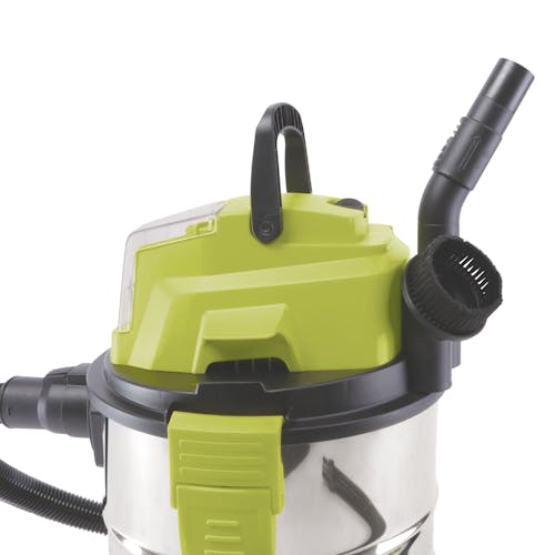 Close-up of the top of the Sun Joe 24-volt Cordless Portable Stainless Steel Wet/Dry Vacuum Kit, showing the nozzle attachments hanging on the side.