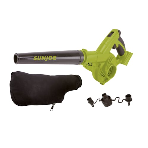 Sun Joe 24-volt cordless workshop blower with blower attachments and collection bag.