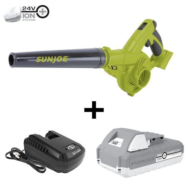 Sun Joe 24-volt cordless workshop blower plus a 2.0-Ah lithium-ion battery and quick charger.