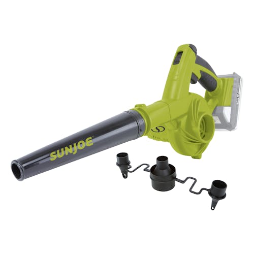 Sun Joe 24-volt cordless workshop blower with a 2.0-Ah lithium-ion battery attached and blower attachments on the right.
