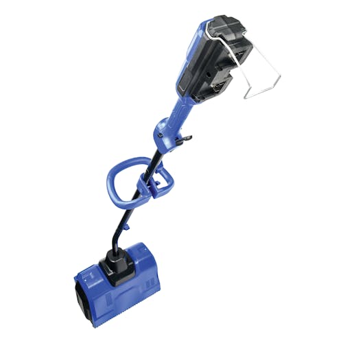Back-angled view of the 48-volt cordless snow shovel.