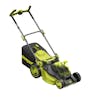 Angled view of the Sun Joe 48-volt cordless brushless 16-inch lawn mower kit.