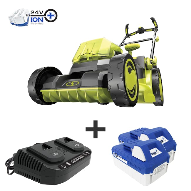 Sun Joe 48-volt cordless brushless 16-inch lawn mower kit plus two 4.0-Ah lithium-ion batteries and dual-port quick charger.