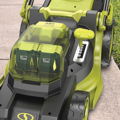 Close-up of the entire base on the Sun Joe 48-volt cordless brushless 16-inch lawn mower kit.