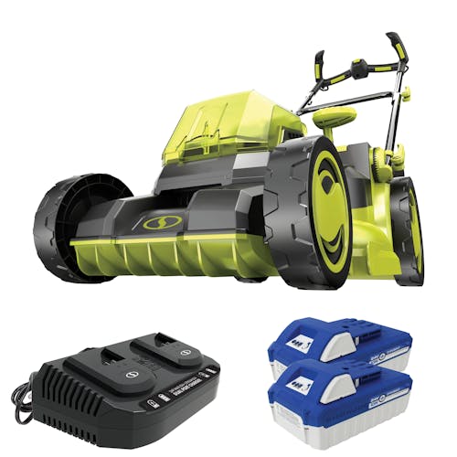 Sun Joe 48-volt cordless brushless 16-inch lawn mower kit with two 4.0-Ah lithium-ion batteries and dual-port quick charger.