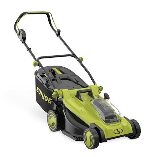 Angled view of the Sun Joe 48-volt cordless 17-inch lawn mower kit.