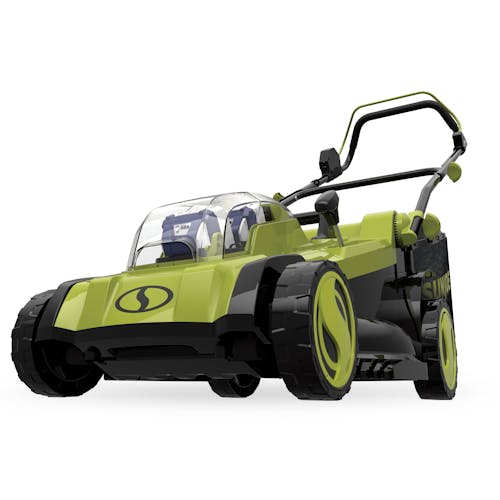 Sun Joe 48-volt cordless 17-inch lawn mower kit with two 4.0-Ah lithium-ion batteries installed.