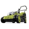 Sun Joe 48-volt cordless 17-inch lawn mower kit with two 4.0-Ah lithium-ion batteries installed.