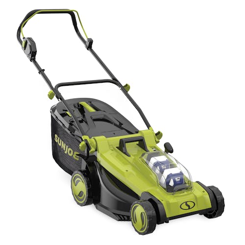Angled view of the Sun Joe 48-volt cordless 17-inch lawn mower kit with two 4.0-Ah lithium-ion batteries installed.