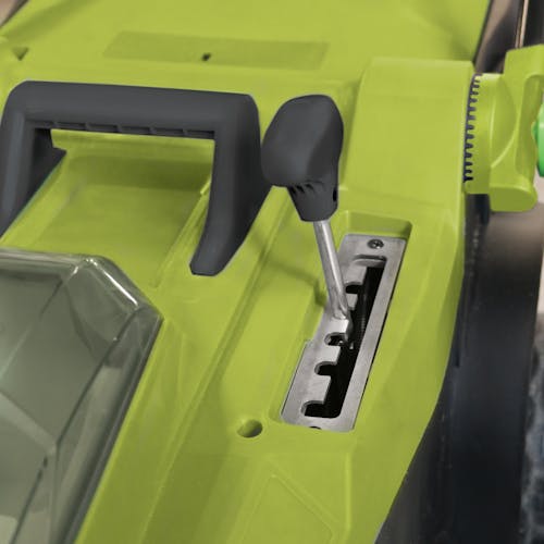 Close-up of the height adjustment lever on the Sun Joe 48-volt cordless 17-inch lawn mower kit.