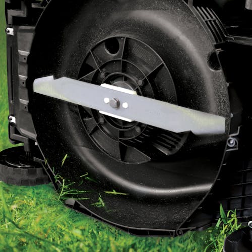 Close-up of the underneath of the Sun Joe 48-volt cordless 17-inch lawn mower kit, showing the blade.