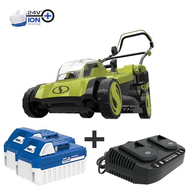 Sun Joe 48-volt cordless 17-inch lawn mower kit plus two 4.0-Ah lithium-ion batteries and dual-port quick charger.