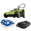 Sun Joe 48-volt cordless 17-inch lawn mower kit with two 4.0-Ah lithium-ion batteries and dual-port quick charger.