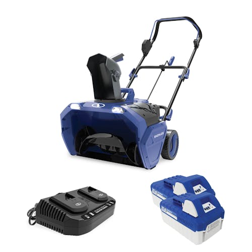 Snow Joe 48-volt cordless 20-inch snow blower kit with two 4.0-Ah batteries and dual-port quick charger.