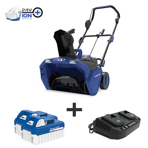Snow Joe 48-volt cordless 20-inch snow blower kit plus two 4.0-Ah batteries and dual-port quick charger.