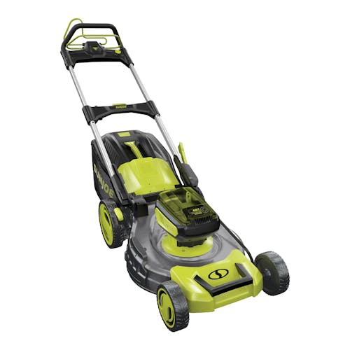 Angled view of the Sun Joe 48-volt cordless self-propelled 21-inch lawn mower.
