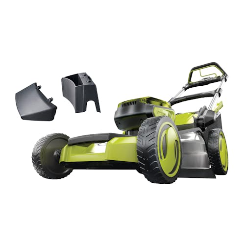 Sun Joe 48-volt cordless self-propelled 21-inch lawn mower with discharge chute and mulching plug.