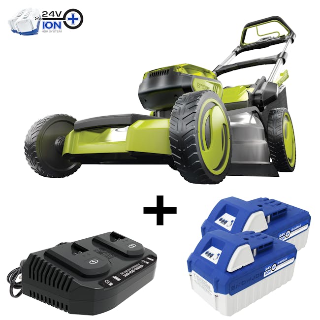 Sun Joe 48-volt cordless self-propelled 21-inch lawn mower kit plus two 4.0-Ah lithium-ion batteries and dual-port quick charger.