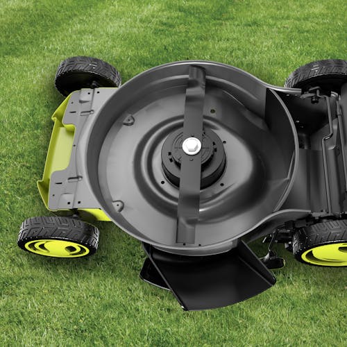 Underneath view of the Sun Joe 48-volt cordless self-propelled 21-inch lawn mower showing the blade.