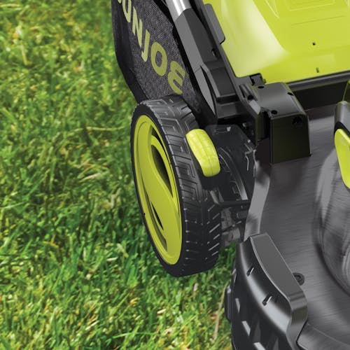 Close-up of the wheel and height adjustment lever on the Sun Joe 48-volt cordless self-propelled 21-inch lawn mower.