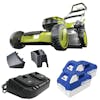 Sun Joe 48-volt cordless self-propelled 21-inch lawn mower kit with two 4.0-Ah lithium-ion batteries, dual-port quick charger, discharge chute, and mulching plug.