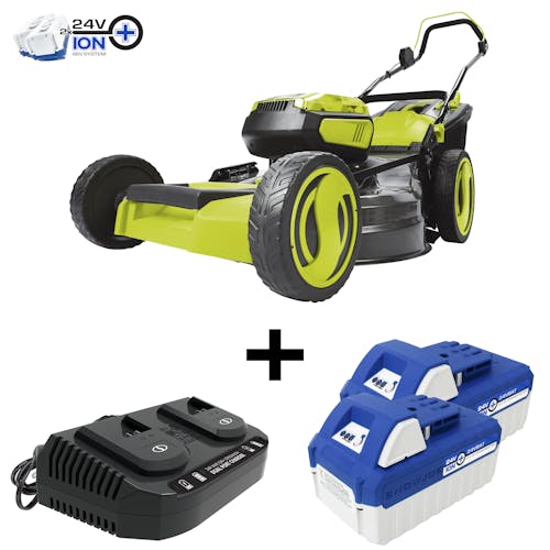Sun Joe 48-volt cordless 21-inch lawn mower kit plus two 4.0-Ah lithium-ion batteries and dual-port charger.