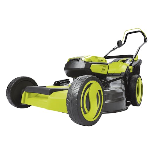 Angled view of the Sun Joe 48-volt cordless 21-inch lawn mower kit.