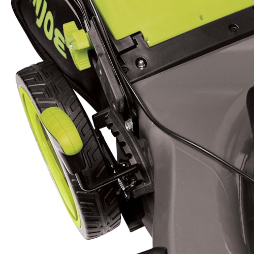 Close-up of the height adjustment lever on the Sun Joe 48-volt cordless 21-inch lawn mower kit.