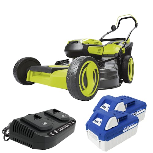 Sun Joe 48-volt cordless 21-inch lawn mower kit with two 4.0-Ah lithium-ion batteries and dual-port charger.