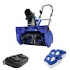 Snow Joe 48-volt cordless 21-inch snow blower kit with two 4.0-Ah lithium-ion batteries and dual-port quick charger.