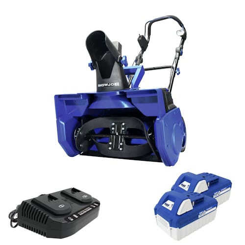 Snow Joe 48-volt cordless 21-inch snow blower kit with two 4.0-Ah lithium-ion batteries and dual-port quick charger.