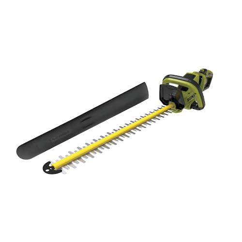 Sun Joe 48-volt cordless 24-inch hedge trimmer with blade cover.