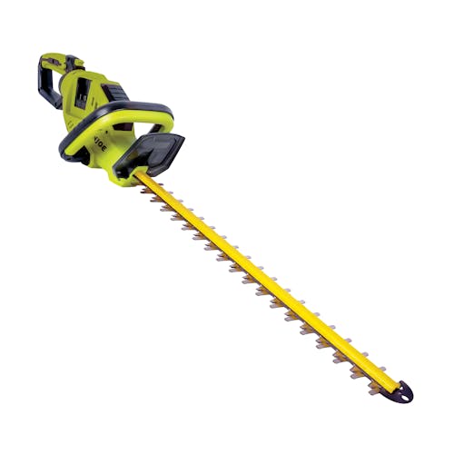 Angled view of the Sun Joe 48-volt cordless 24-inch hedge trimmer.
