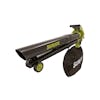 Angled view of the Sun Joe 48-volt cordless leaf blower, vacuum, mulcher with wheels with two 4.0-Ah lithium-ion batteries attached,