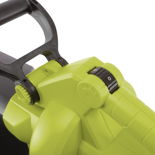 Close-up of the speed selector on the handle of the Sun Joe 48-volt cordless leaf blower, vacuum, mulcher with wheels.