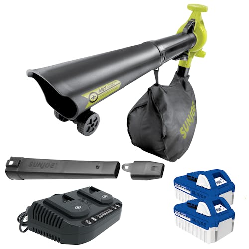 Sun Joe 48-volt cordless leaf blower, vacuum, mulcher kit with two 4.0-Ah lithium-ion batteries, dual-port quick charger, and multiple attachments for the blower tube.