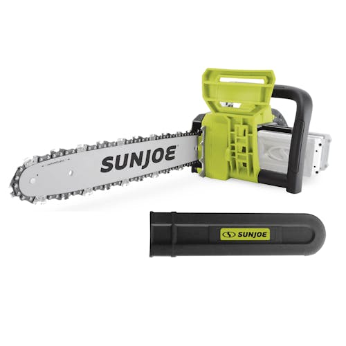 Sun Joe 48-volt cordless 16-inch chainsaw kit with blade cover.