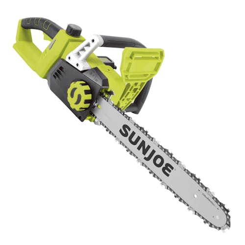 Angled view of the Sun Joe 48-volt cordless 16-inch chainsaw kit.