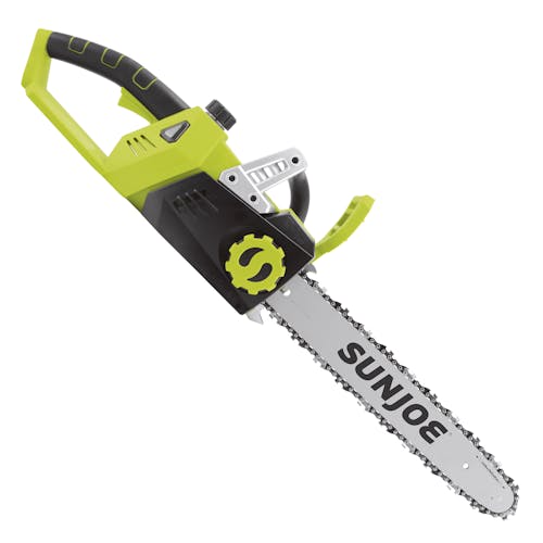 Side view of the Sun Joe 48-volt cordless 16-inch chainsaw kit.