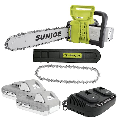 Sun Joe 48-volt cordless 16-inch chainsaw kit with two 2.0-Ah lithium-ion batteries, dual-port quick charger, blade cover, and bonus chain.