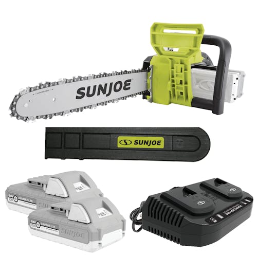 Sun Joe 48-volt cordless 16-inch chainsaw kit with two 2.0-Ah lithium-ion batteries, dual-port quick charger, and blade cover.