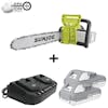 Sun Joe 48-volt cordless 16-inch chainsaw kit with two 2.0-Ah lithium-ion batteries and dual-port quick charger.