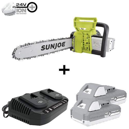 Sun Joe 48-volt cordless 16-inch chainsaw kit with two 2.0-Ah lithium-ion batteries and dual-port quick charger.