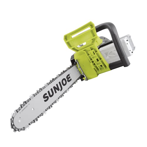 Sun Joe 48-volt cordless 16-inch chainsaw kit with two 2.0-Ah lithium-ion batteries attached.