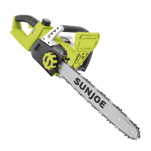 Angled view of the Sun Joe 48-volt cordless 16-inch chainsaw kit with two 2.0-Ah lithium-ion batteries attached.